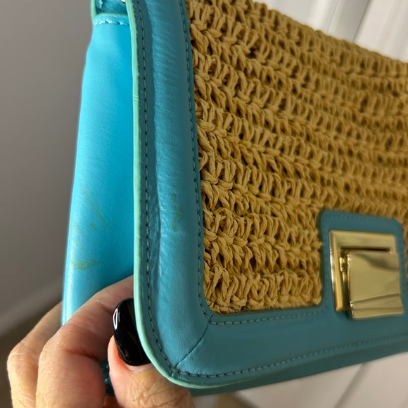 Talbots Aqua Leather and Straw Clutch Crossbody Bag Gold Chain - Picture 9 of 10